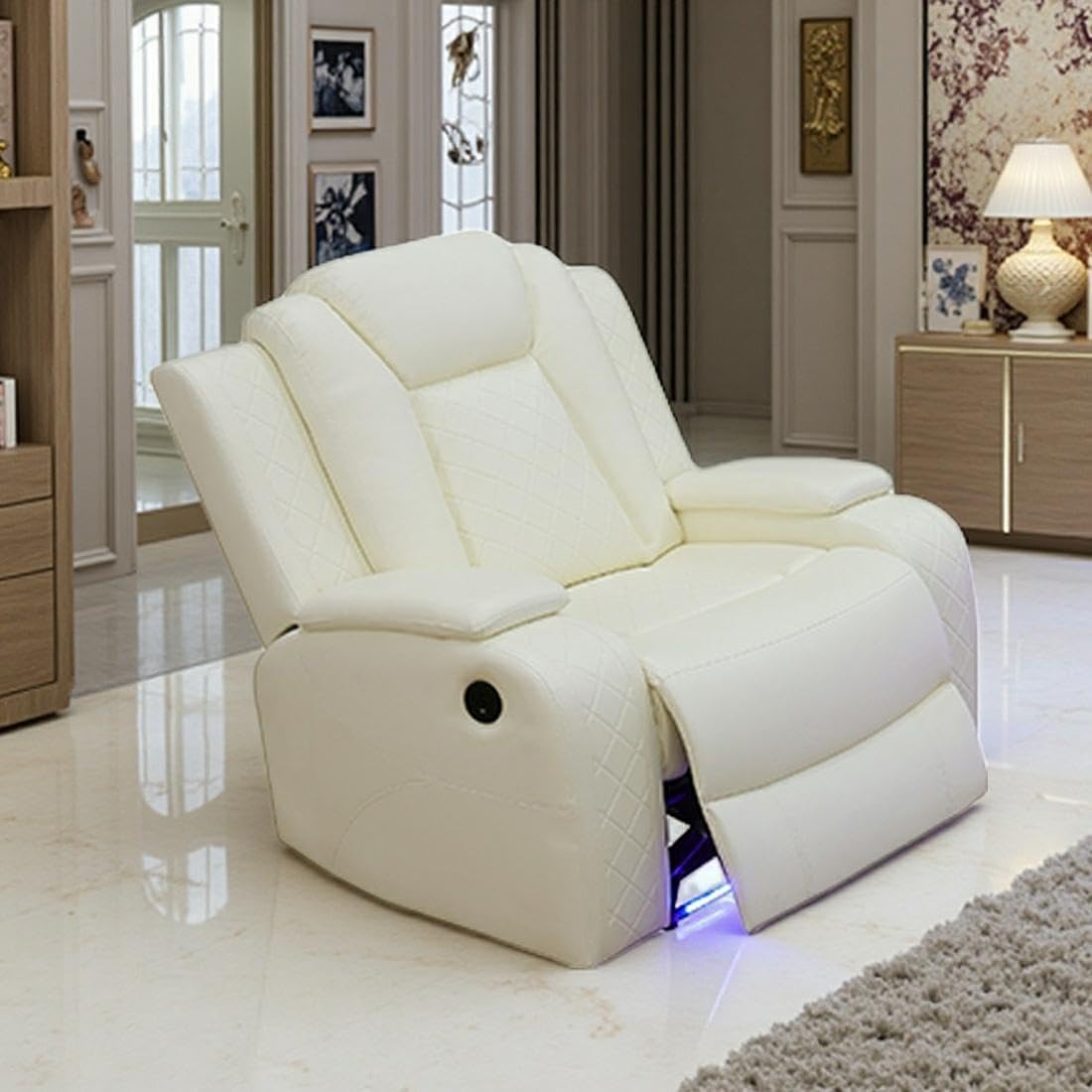 Power Recliner Sofa Set with LED Light, Black Leather Sectional Sofa and Chair Set, Living Room Furniture Sets, Modern Power Reclining Sets with Storage Console for House