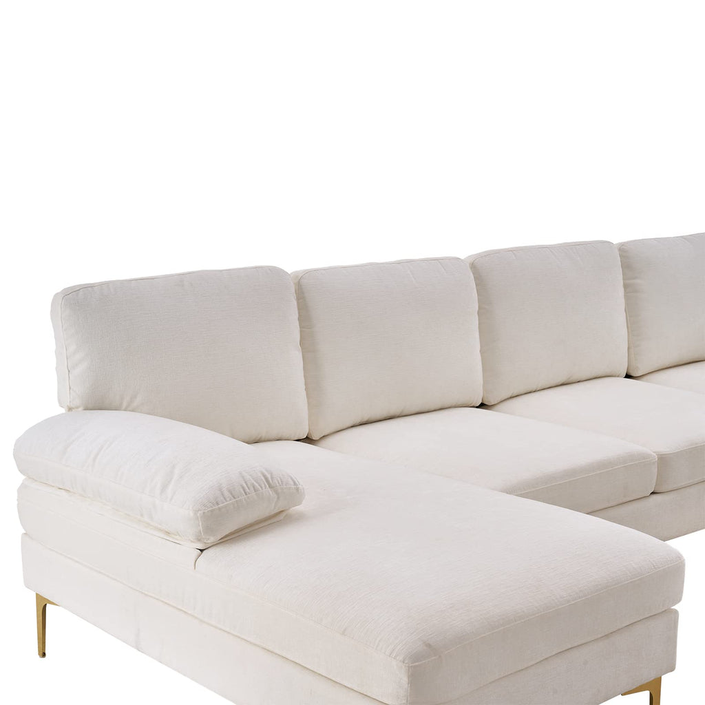 U-Shaped Sectional Sofa with Double Chaise, 113" Modern Modular 4-Seat Chenille Fabric Couch for Living Room, Comfortable Large Sofa with Gold-Plated Legs & Back Pillows, Creamy-White