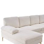 U-Shaped Sectional Sofa with Double Chaise, 113" Modern Modular 4-Seat Chenille Fabric Couch for Living Room, Comfortable Large Sofa with Gold-Plated Legs & Back Pillows, Creamy-White