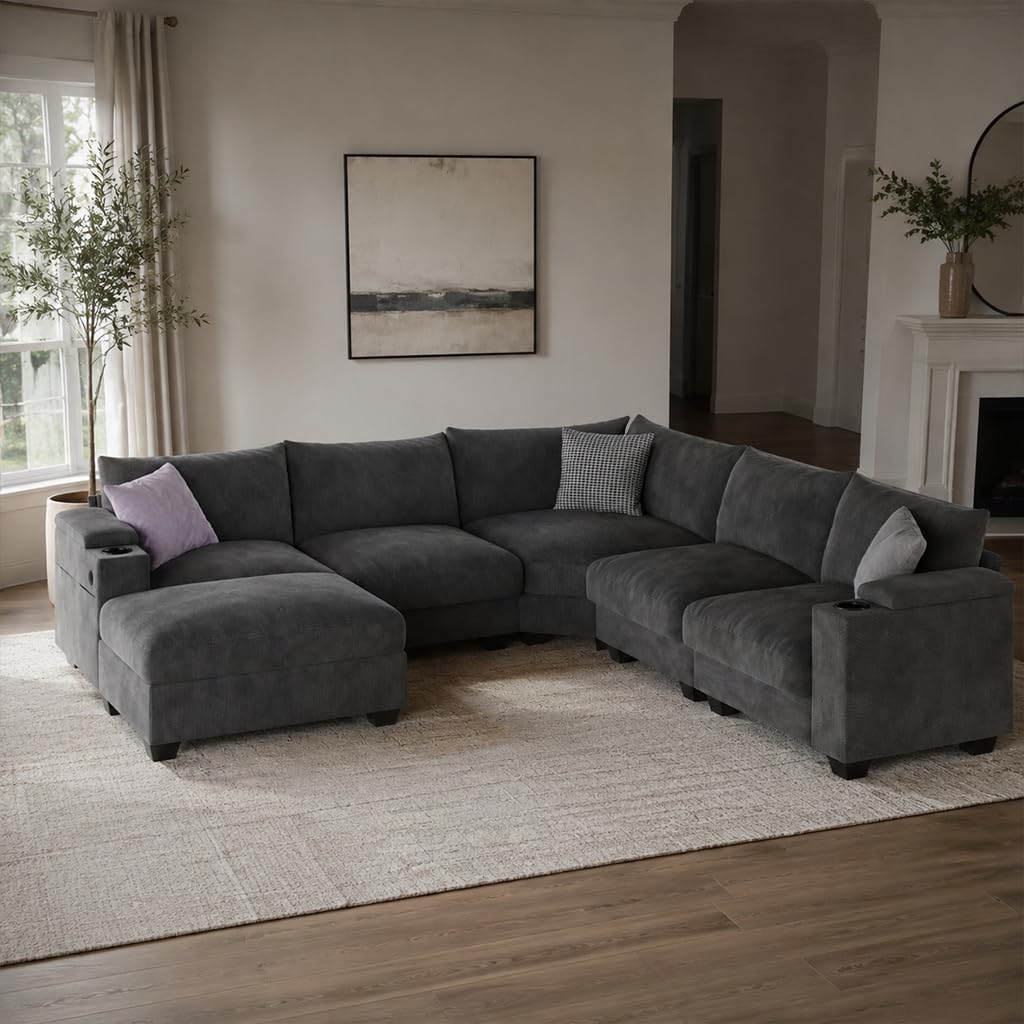 107.1" L-Shaped Modular Sectional Sofa with Storage Ottomans, 6-Seat Deep Seat Sofa with Armrest Storage, Cup Holders & USB Type-C Charging, Sectional Couches for Living Room (Grey)