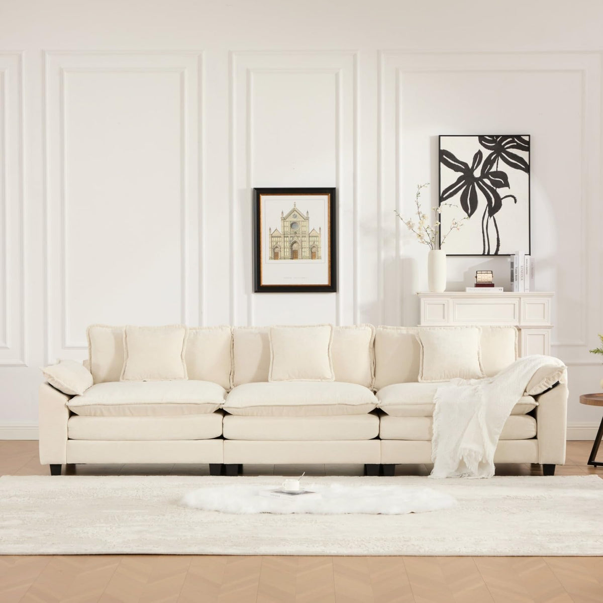 Wider Armrest 3 Seats Modern Sectional Couch Beige Chenille Cloud Couch Comfort Living Room Bedroom Apartment Comfortable Modular Sofa