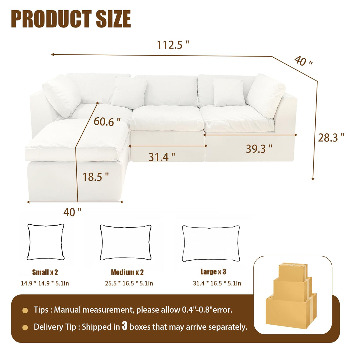 112.5" Cloud Couch Sectional, No Assembly Required Modern Modular Sectional Couches for Living Room, White Chenille L-Shaped Sofa with Ottoman & Pillows, 1200LBS Capacity, Apartment Friendly