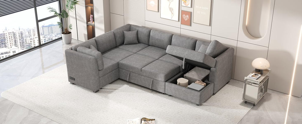 U-Shaped Sectional Sofa Bed with USB Ports, Power Sockets, Storage Chaise, and Pillows for Modern Living Room, Light Gray