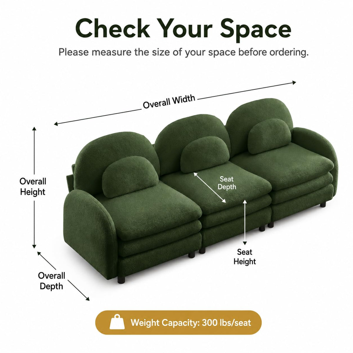 Teddy Fleece 3-Seat Modular Sofa with Curved Back and Double Cushions