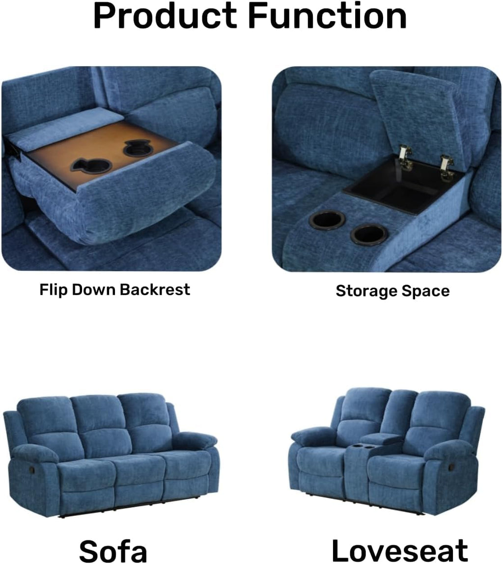 Bonded Leather Living Room Furniture Set Reclining Sofa Set Loveseat Furniture Sets in Living Room Sofa Recliners (3 Pieces, Blue Microfiber)