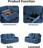 Bonded Leather Living Room Furniture Set Reclining Sofa Set Loveseat Furniture Sets in Living Room Sofa Recliners (3 Pieces, Blue Microfiber)