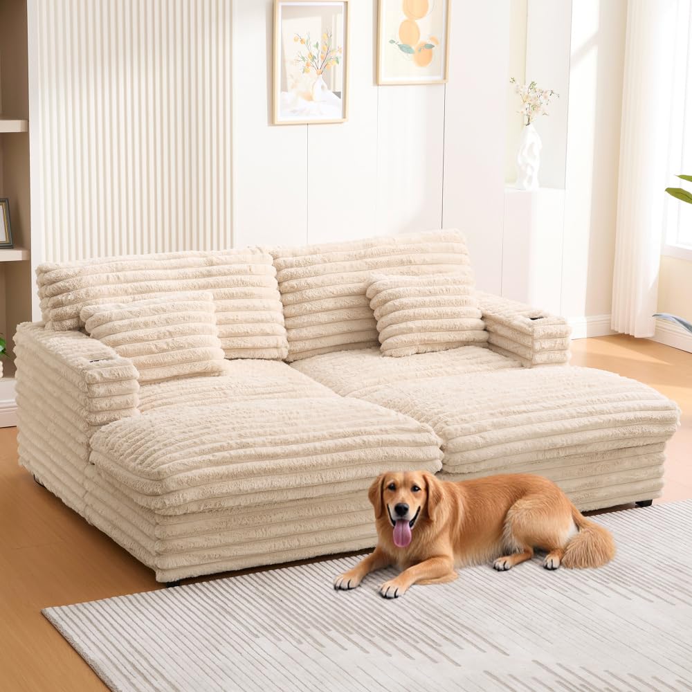 ZOEDO Oversized Double Chaise Lounge Sofa 82" Sofa Bed Plush Upholstered Sleeper Sofa Daybed with Two Supportive Pillows, USB Ports and Cup Holders for Living Room, Champagne (Old SKU:N719S002110D)