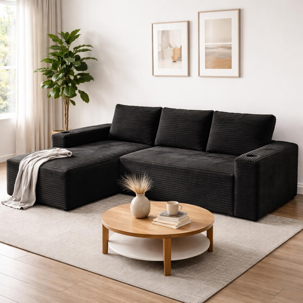 133" Oversized U-Shaped Cloud Modular Sectional Sofa Couches with Double Chaise, Corduroy Boneless Couch with Cupholders, High-Density Foam Floor Sofa for Living Room, No Assembly Required
