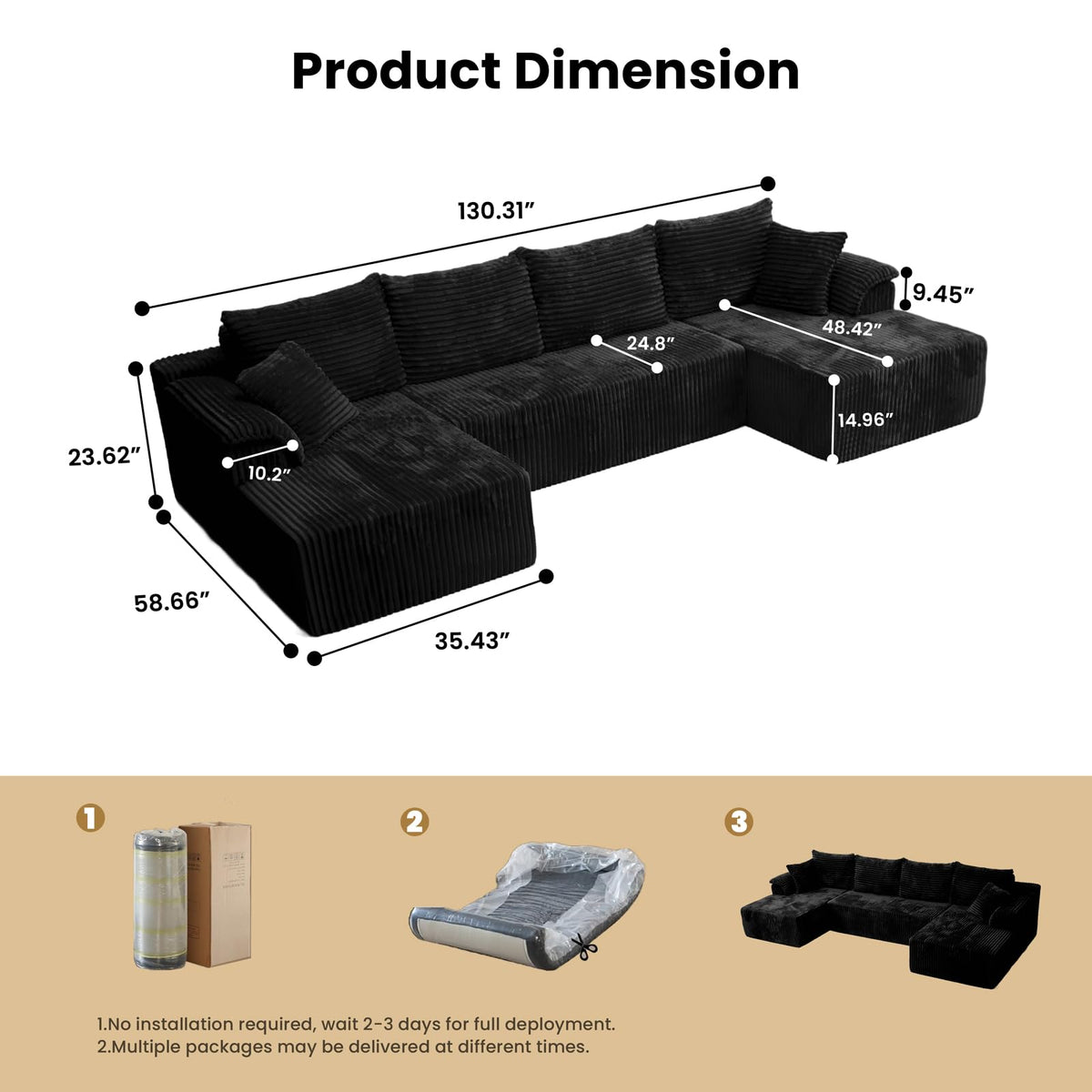 130" Boneless Couch, U Shaped Corduroy Cloud Modular Sectional Sofa Black