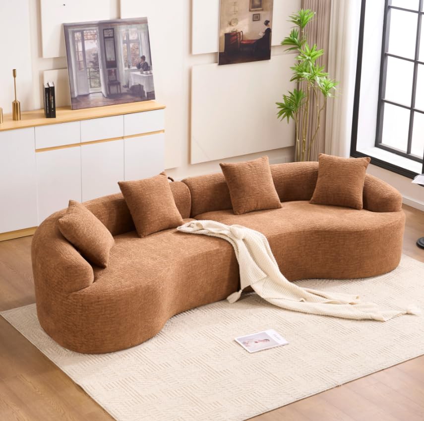 110.2" Boneless Curved Modular Sofa, Modern S-Shaped Chenille Upholstered Couch with 4 Pillows, Spring & Foam Support Soft Packed Sofa for Small Space Living Room, Home Decor (Caramel, 4)