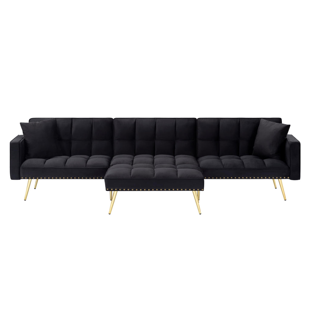 107in Sectional Sleeper Sofa with Split Back, Velvet, Golden Metal Legs, 5 Adjustable Positions, 2 Toss Pillows