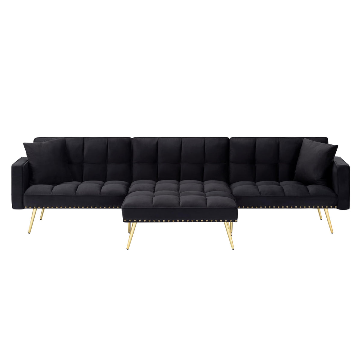 107in Sectional Sleeper Sofa with Split Back, Velvet, Golden Metal Legs, 5 Adjustable Positions, 2 Toss Pillows