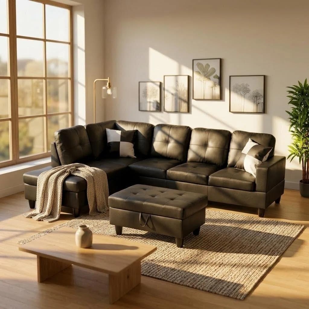 103.5" Sectional Couch with Movable Ottoman, L Shaped 4 Seater PU Faux Leather Sofa w/Chaise Lounge, Comfy Modern Modular Couch for Living Room, Apartment, White Stripes, Right, 3PCS