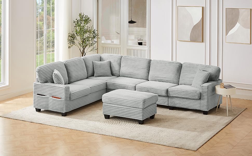 Tidyard Sectional Sofa U-Shaped 125.? L-Shaped Couch with Movable Ottoman & Side Storage Pockets, Grey Corduroy Upholstered Living Room Sofa