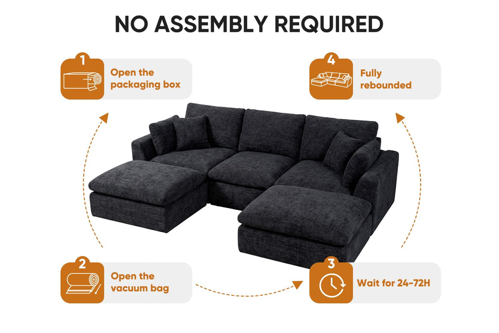 127" Cloud Sofa, U-Shape 3-Seater Modular Couch with 2 Ottomans, Black