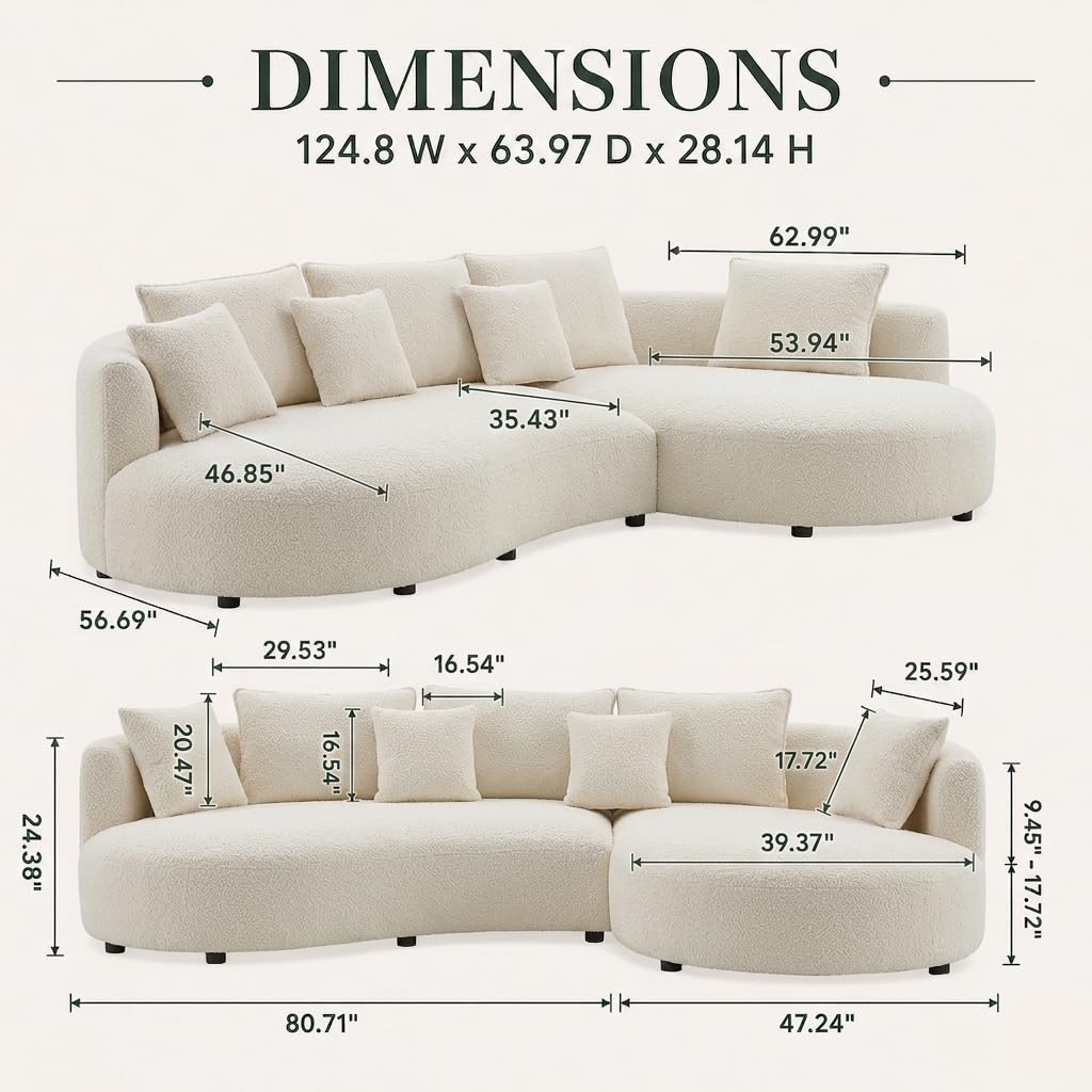 124.8" Modern Curved Sectional Sofa with Chaise, Upholstery Boucle Sofa with Pillows,Sectional Couch for Living Room - (Beige,Right Hand Facing)