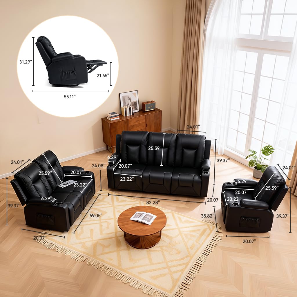 COMHOMA Living Room Furniture Set,Faux Leather Manual Recliner Sofa Sets
