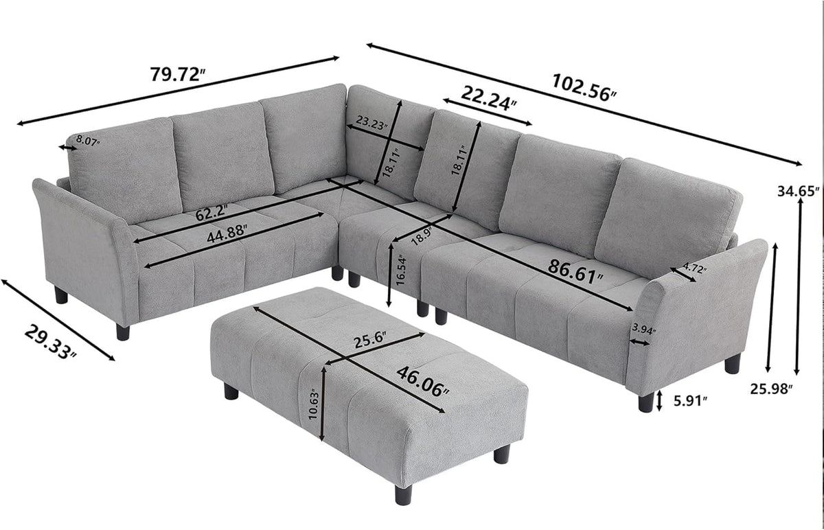 103" Convertible Sectional Sofa with Long Ottoman, Modern Upholstered Fabric L-Shaped Couch with Back Cushions, 6 Seat Sofa Couches for Living Room, Apartment, Office, Light Grey