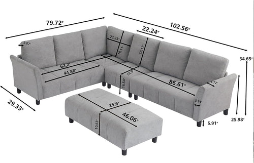 103" Convertible Sectional Sofa with Long Ottoman, Modern Upholstered Fabric L-Shaped Couch with Back Cushions, 6 Seat Sofa Couches for Living Room, Apartment, Office, Light Grey