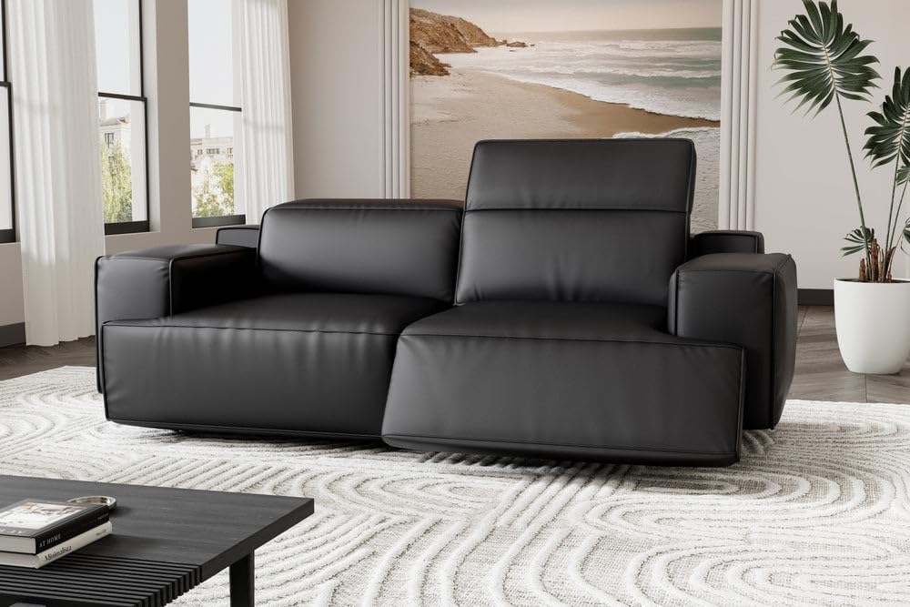 Valencia Valentina Leather Loveseat Recliner Couch Adjustable Headrest Power Recliner Sofa - Premium Nappa 11000 Leather (Black)