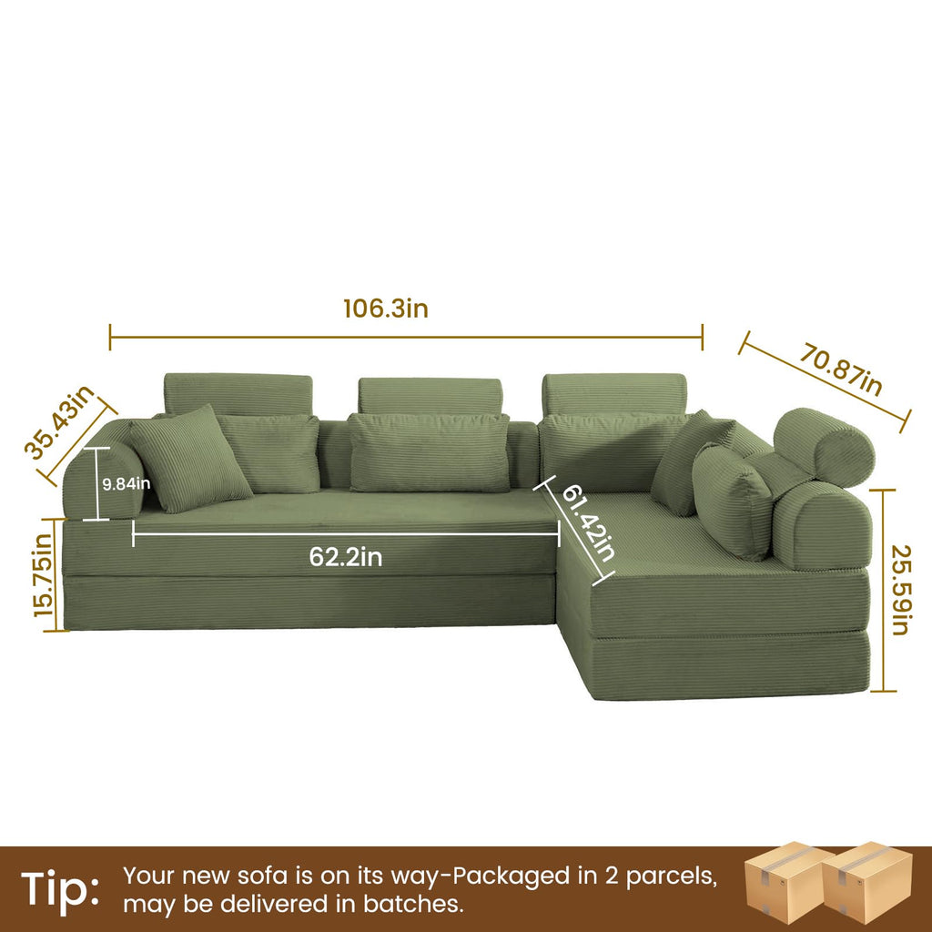 106" Convertible Sleeper Sectional Sofa Bed, 4-in-1 Corduroy Boneless Couch with Fixed-Shape Frame, Modular L-Shaped Sofa with Pillows, Fold Out Floor Sofa for Living Room Apartment (Light green)