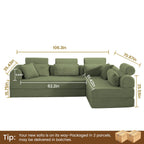 106" Convertible Sleeper Sectional Sofa Bed, 4-in-1 Corduroy Boneless Couch with Fixed-Shape Frame, Modular L-Shaped Sofa with Pillows, Fold Out Floor Sofa for Living Room Apartment (Light green)