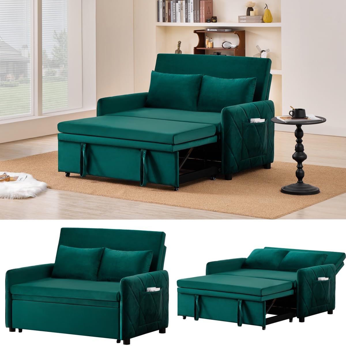 100" Modular Sectional Sleeper Sofa with Pull Out Bed/Side Table/USB Charging/Storage Chaise, Comfy Convertible Cloud Couch, U Shaped 7 Seat Corduroy Sofa with Cup Holders,Green