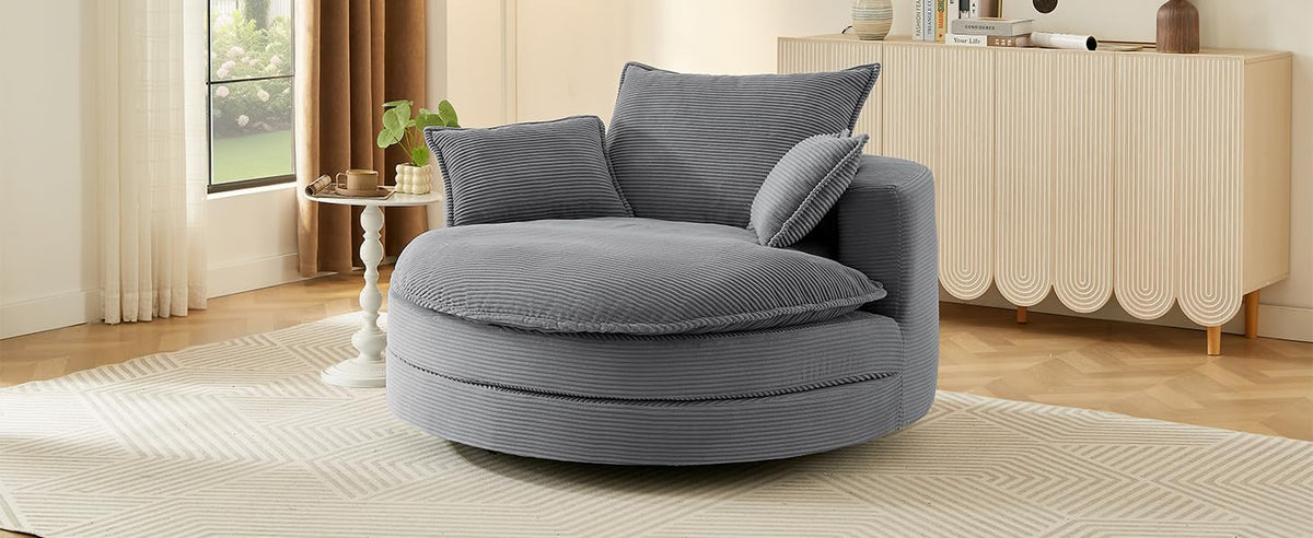 Tidyard 360° Swivel Accent Chair with Dual-Layer Cushion & 3 Pillows, 57.? Round Barrel Sofa for Living Room, Bedroom, Office, Grey