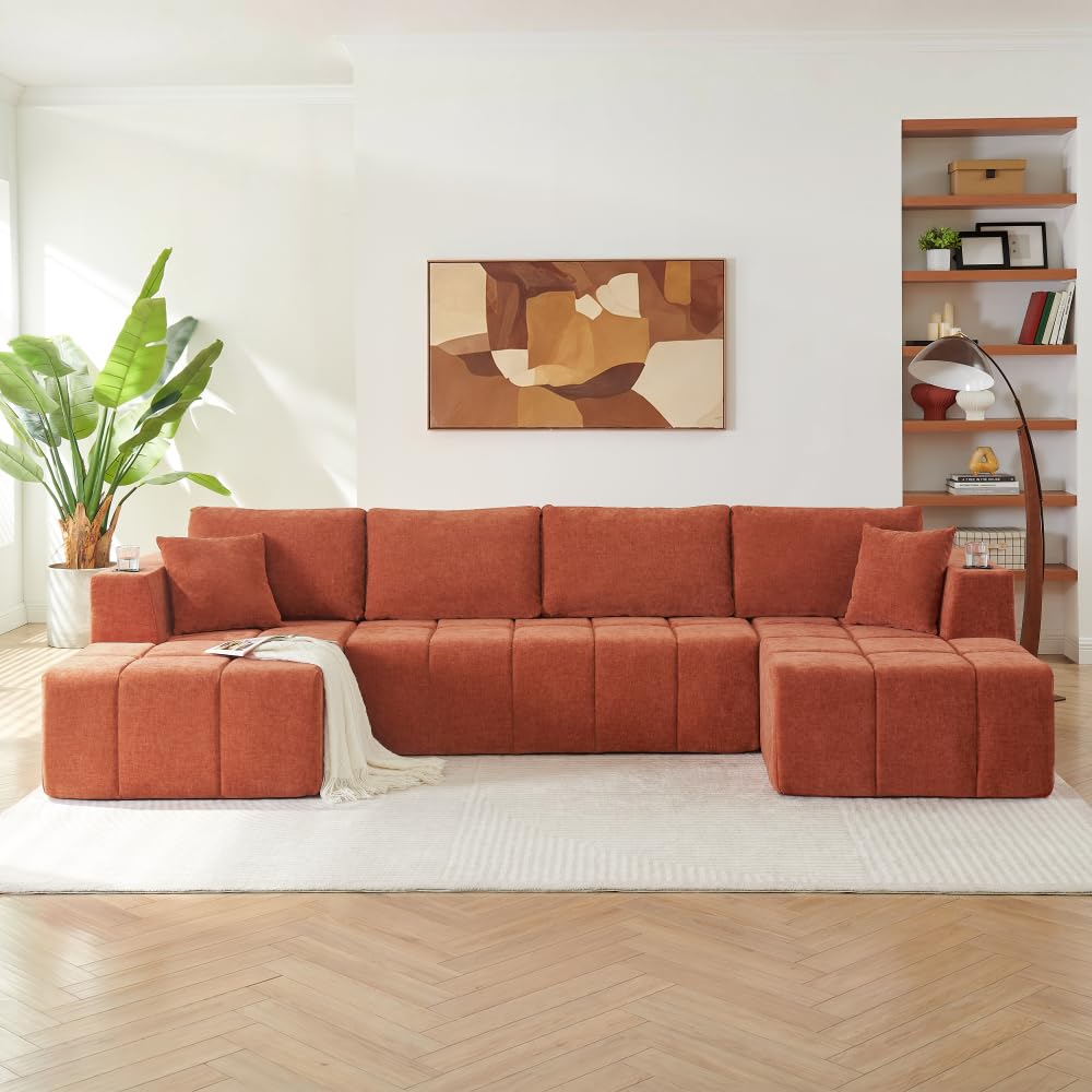132" U-Shaped Chenille Sectional Sofa, Cloud Style Boneless Sofa with Lounges, Modern Upholstered Couch with Cup Holders & Side Pockets, Compression Sofa for Living Room (Beige + Chenille + 6 Seat)