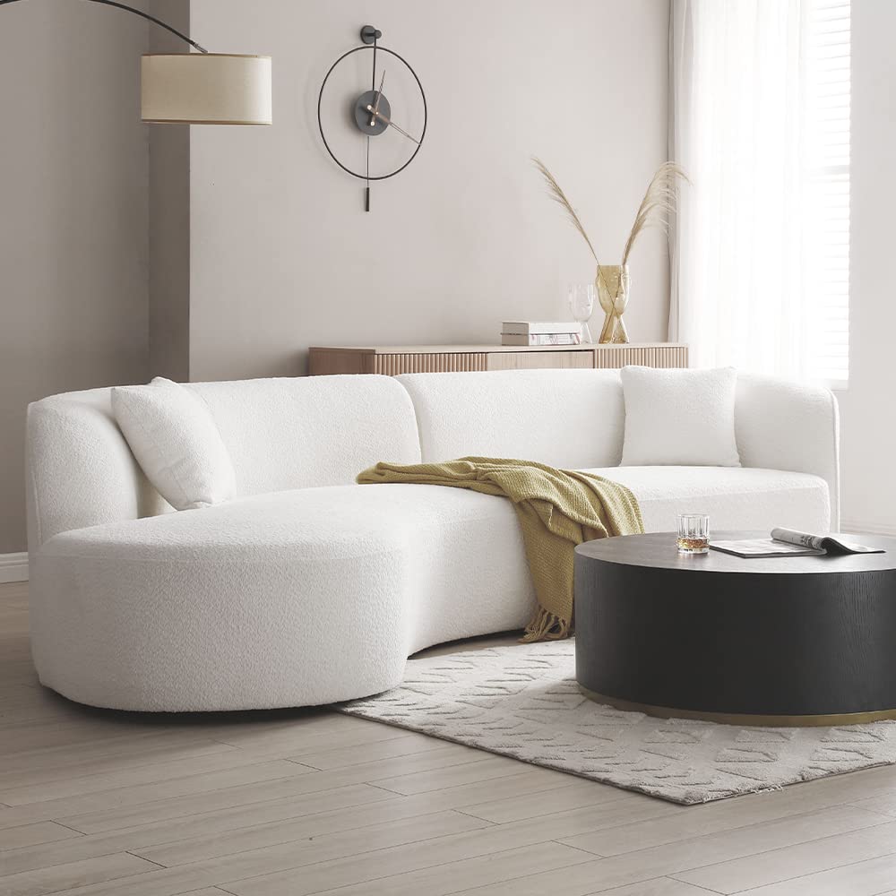 WILLIAMSPACE 126" Luxury Modern Style Curved Sofa, Upholstery Boucle Sofa Couch with 2 Pillows, Left Hand Facing Sectional Boucle Fabric Couch for Living Room (Left-Facing,Light Cream)
