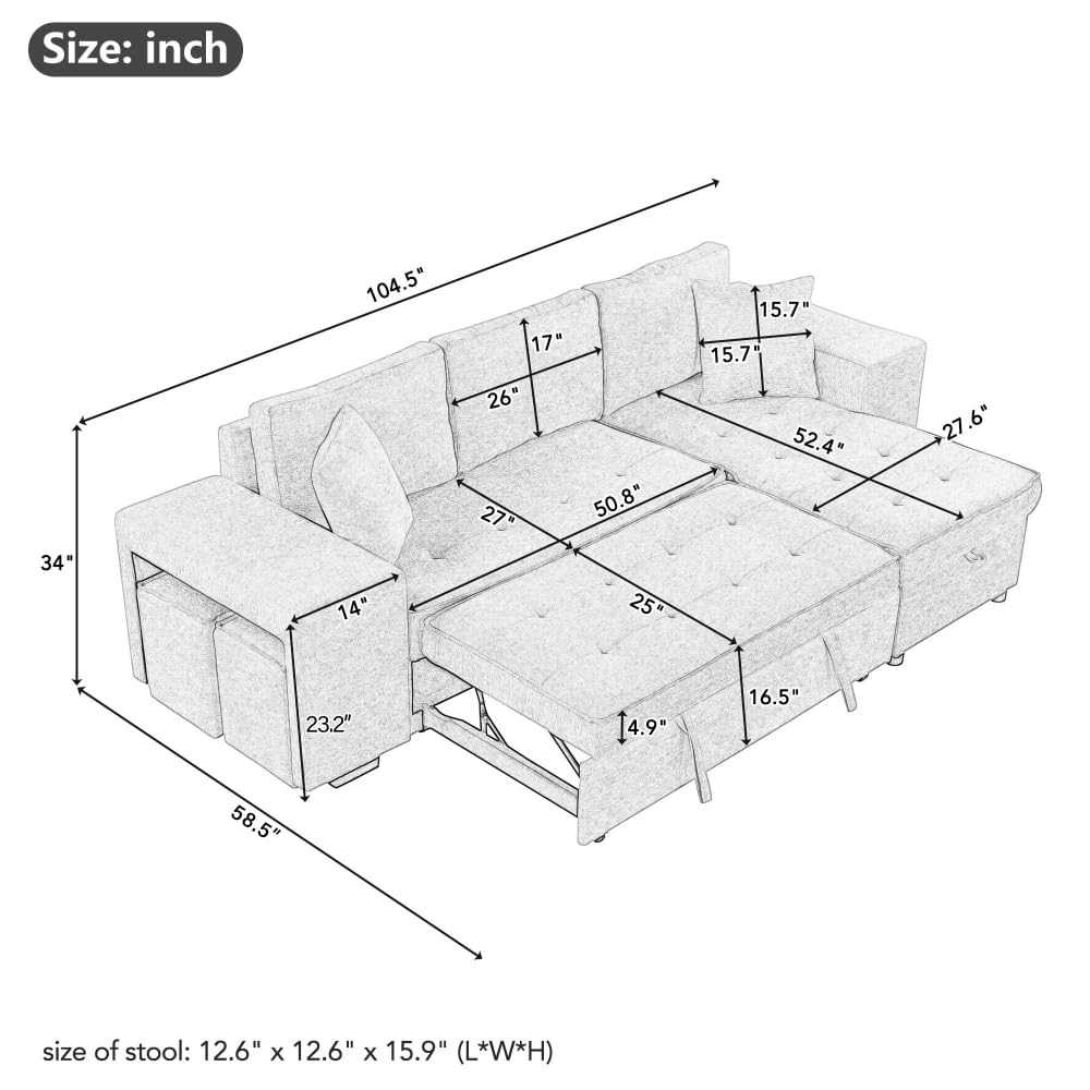 104.5 Inch Modern L-Shaped Reversible Sectional Sofa with Storage Chaise Lounge and Sleeper Bed Function for Living Room (Cream + Chenille + 3 Seat + Foam)