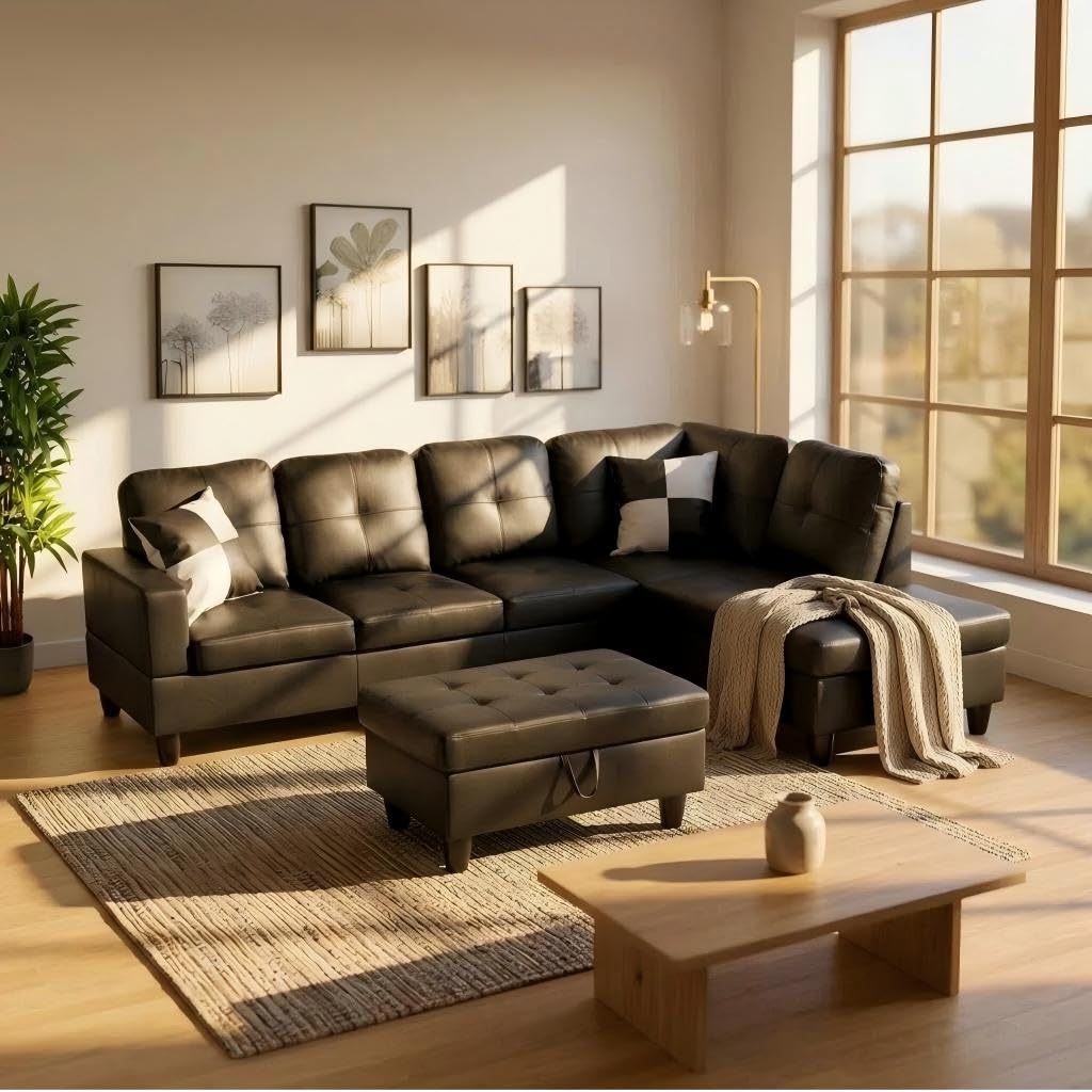 103.5" Sectional Couch with Movable Ottoman, L Shaped 4 Seater PU Faux Leather Sofa w/Chaise Lounge, Comfy Modern Modular Couch for Living Room, Apartment, White Stripes, Right, 3PCS