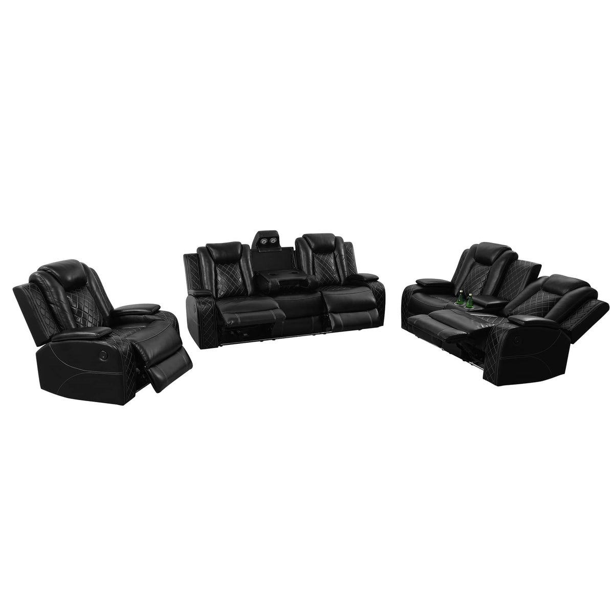Three people Power Recliner Sofa Breathing Leather with USB Ports,LED Black