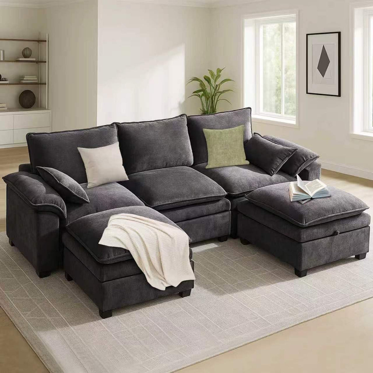 110" Modular Sectional Sofa with Storage, Premium Chenille Cloud Couch with Movable Ottomans, 1200lbs Heavy Duty Deep Seat Sectional, High-Density Foam