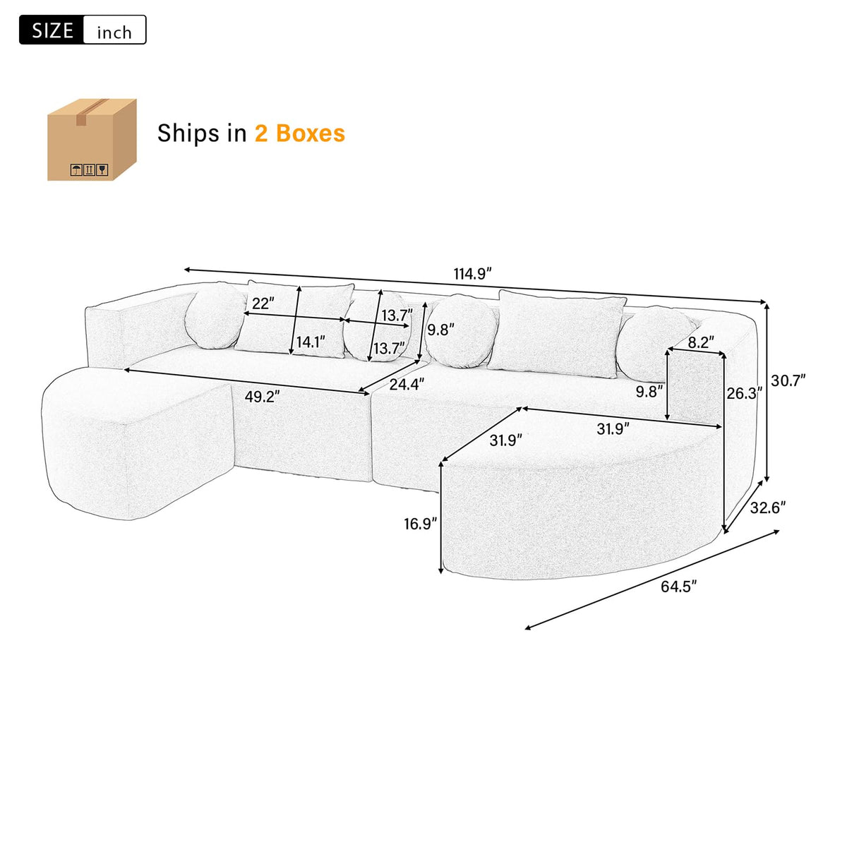 114.9" Modular Sectional Sofa with 4 Round Throw Pillows and 2 Bolster-Style Cushions Free-Combined Curved Design Boneless Bed Couch with Deep Seating for Living Room, Black