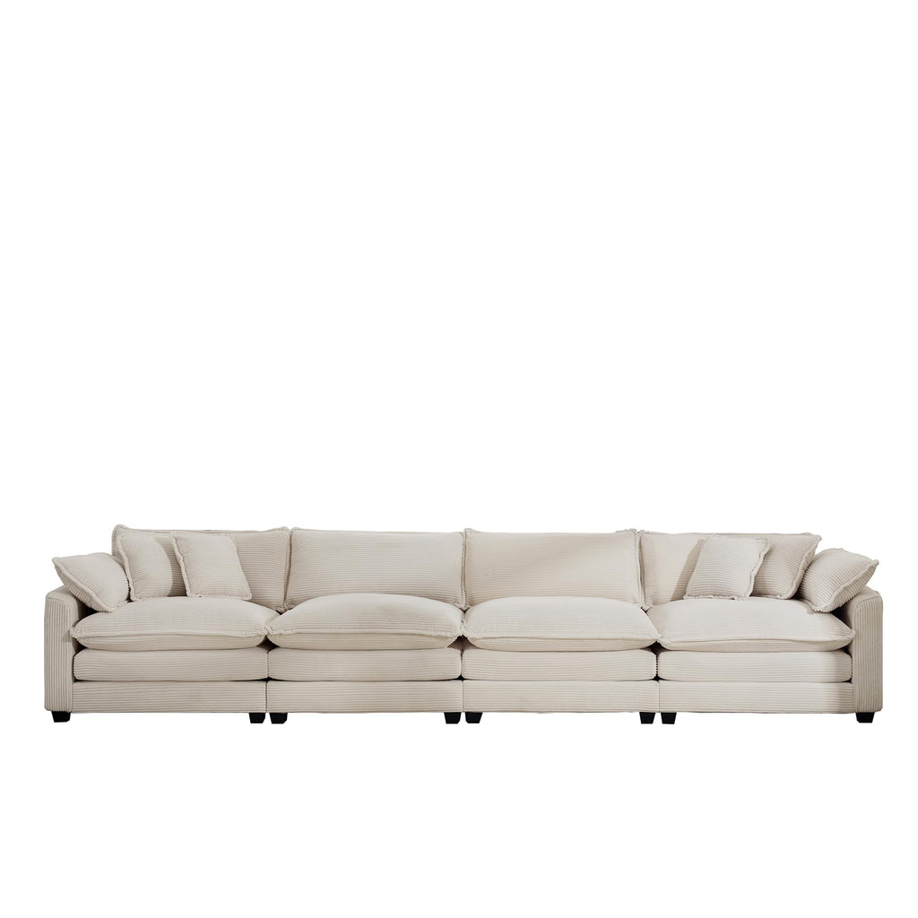 Upholstered 4 Seater Fabric Sofa with Comfortable Back Cushions, Seat Cushions and Pillows, Light Beige Corduroy Sofa, TM388