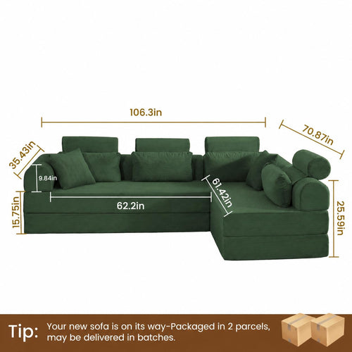 106" Convertible Sleeper Sectional Sofa Bed, 4-in-1 Corduroy Boneless Couch with Fixed-Shape Frame, Modular L-Shaped Sofa with Pillows, Fold Out Floor Sofa for Living Room Apartment (Dark green)