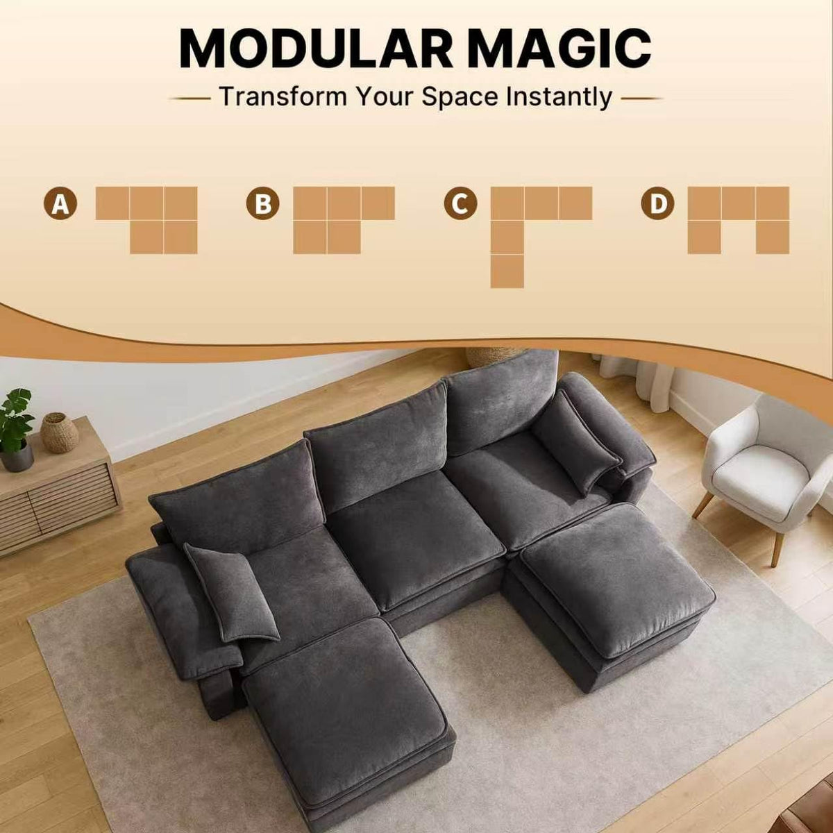 110" Modular Sectional Sofa with Storage, Premium Chenille Cloud Couch with Movable Ottomans, 1200lbs Heavy Duty Deep Seat Sectional, High-Density Foam
