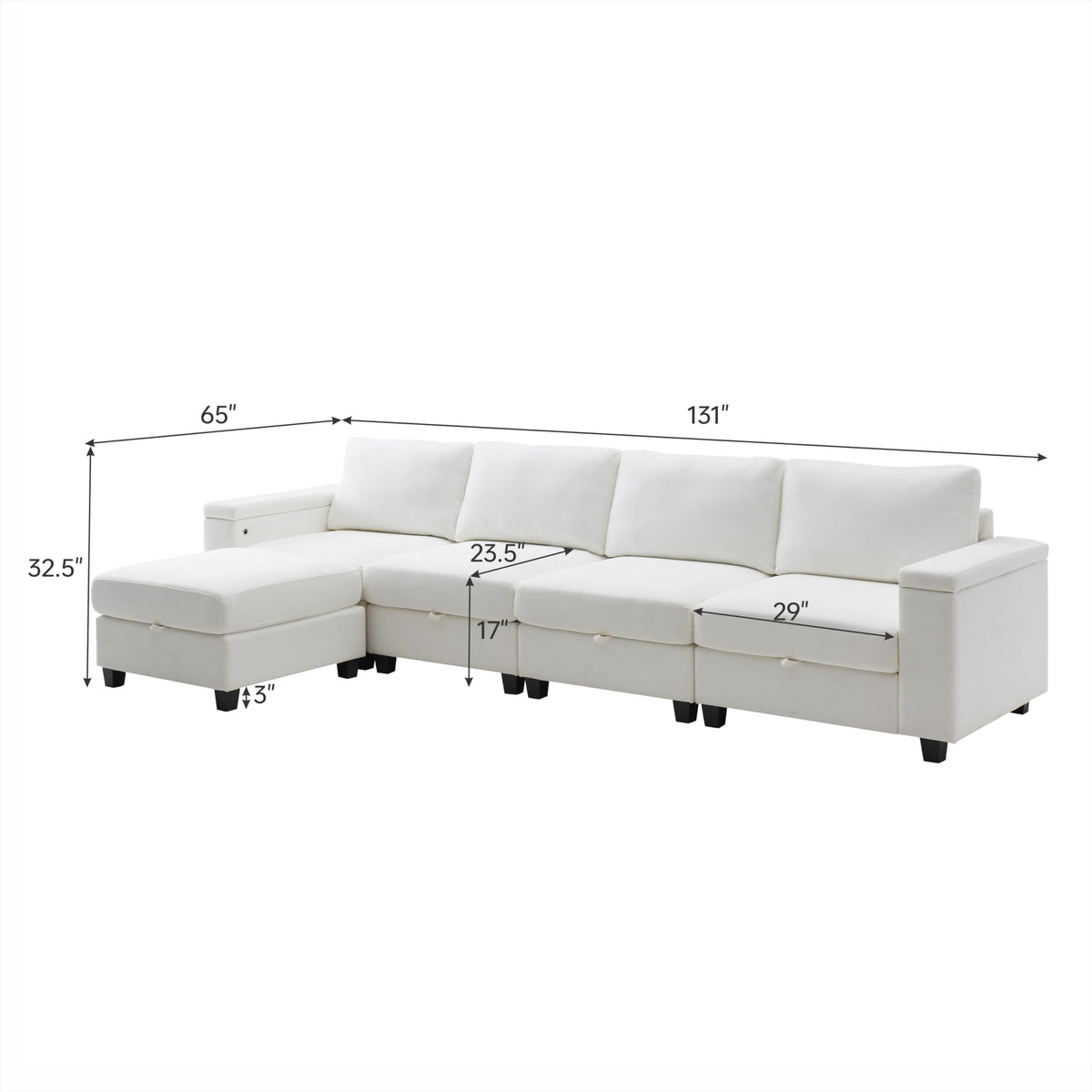 131" White Modular Storage Sofa with Ottoman USB,Type C Ports, Chenille Fabric, Sleeper Function Easy Assembly