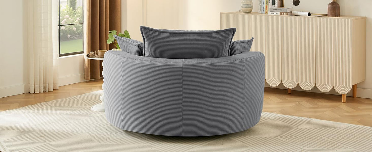 Tidyard 360° Swivel Accent Chair with Dual-Layer Cushion & 3 Pillows, 57.? Round Barrel Sofa for Living Room, Bedroom, Office, Grey