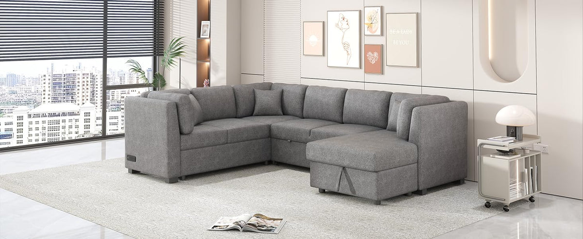 U-Shaped Sectional Sofa Bed with USB Ports, Power Sockets, Storage Chaise, and Pillows for Modern Living Room, Light Gray