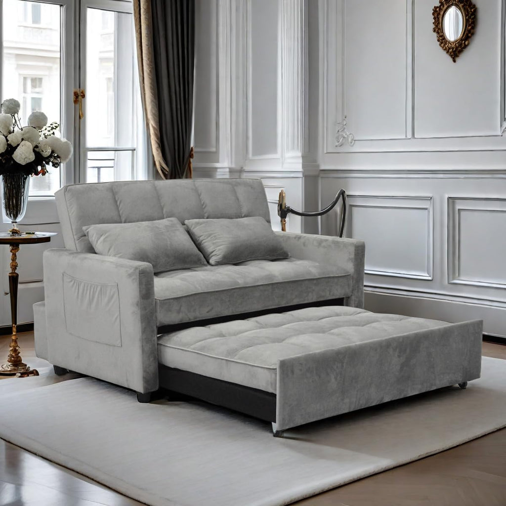 Velvet Loveseat Futon Sofa Couch Pullout Bed, 55.33" Love Seat Lounge Sofa Bed,Armrest with Three USB Ports, Two Side Pockets, Two Cup Holders and 360°Swivel Phone Holder for Living Room, Grey