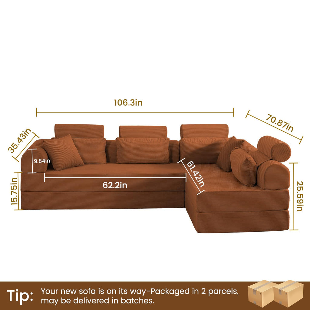 106" Convertible Sleeper Sectional Sofa Bed, 4-in-1 Corduroy Boneless Couch with Fixed-Shape Frame, Modular L-Shaped Sofa with Pillows, Fold Out Floor Sofa for Living Room Apartment (Orange)
