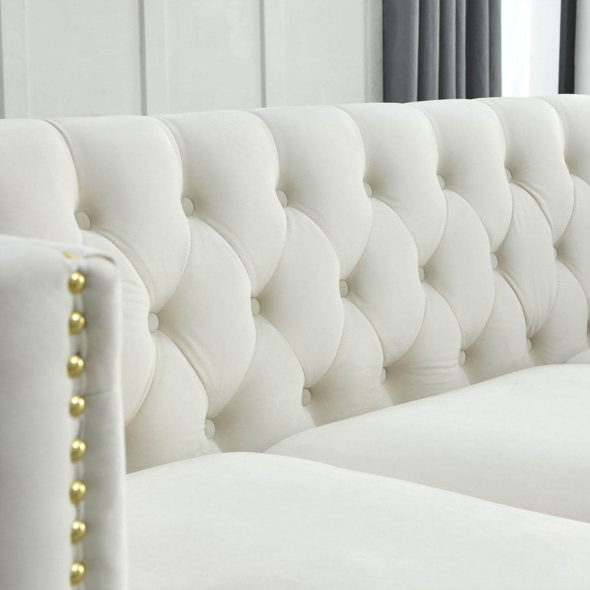 Velvet Sofa for Living Room Beige Three-Section Comfort Cozy Modern Chesterfield Design Bedroom & Office Use