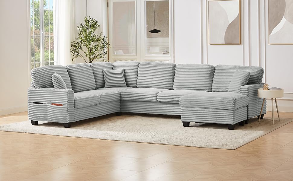Tidyard Sectional Sofa U-Shaped 125.? L-Shaped Couch with Movable Ottoman & Side Storage Pockets, Grey Corduroy Upholstered Living Room Sofa