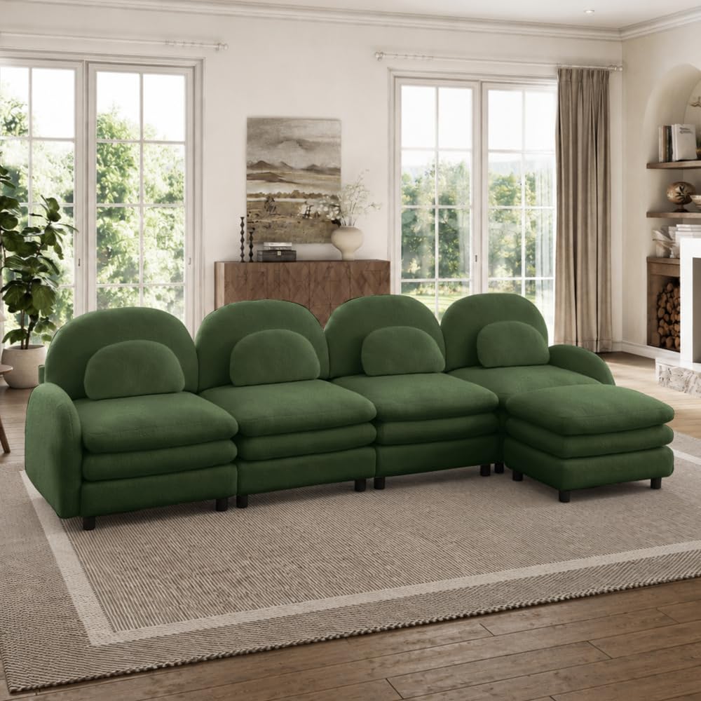 Teddy Fabric Cloud-Like 4-Seat Sofa,Curved Backrest and Armrest with Curved Lumbar Pillows, Sectional 4 Seater Modular Couch with Movable Ottoman and Supportive Double-Layer Cushion (Beige White)