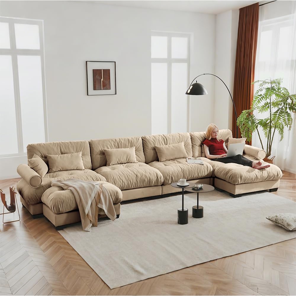 130" Cloud Couch, Oversized 3-Seater Couch with Ottomans and Pillows, Deep Seat L Shaped Sofa, Comfy Velvet Fluffy Sofas Modular Sectional Couches for Living Room (Blue, 3 Seat + 1 Ottoman)