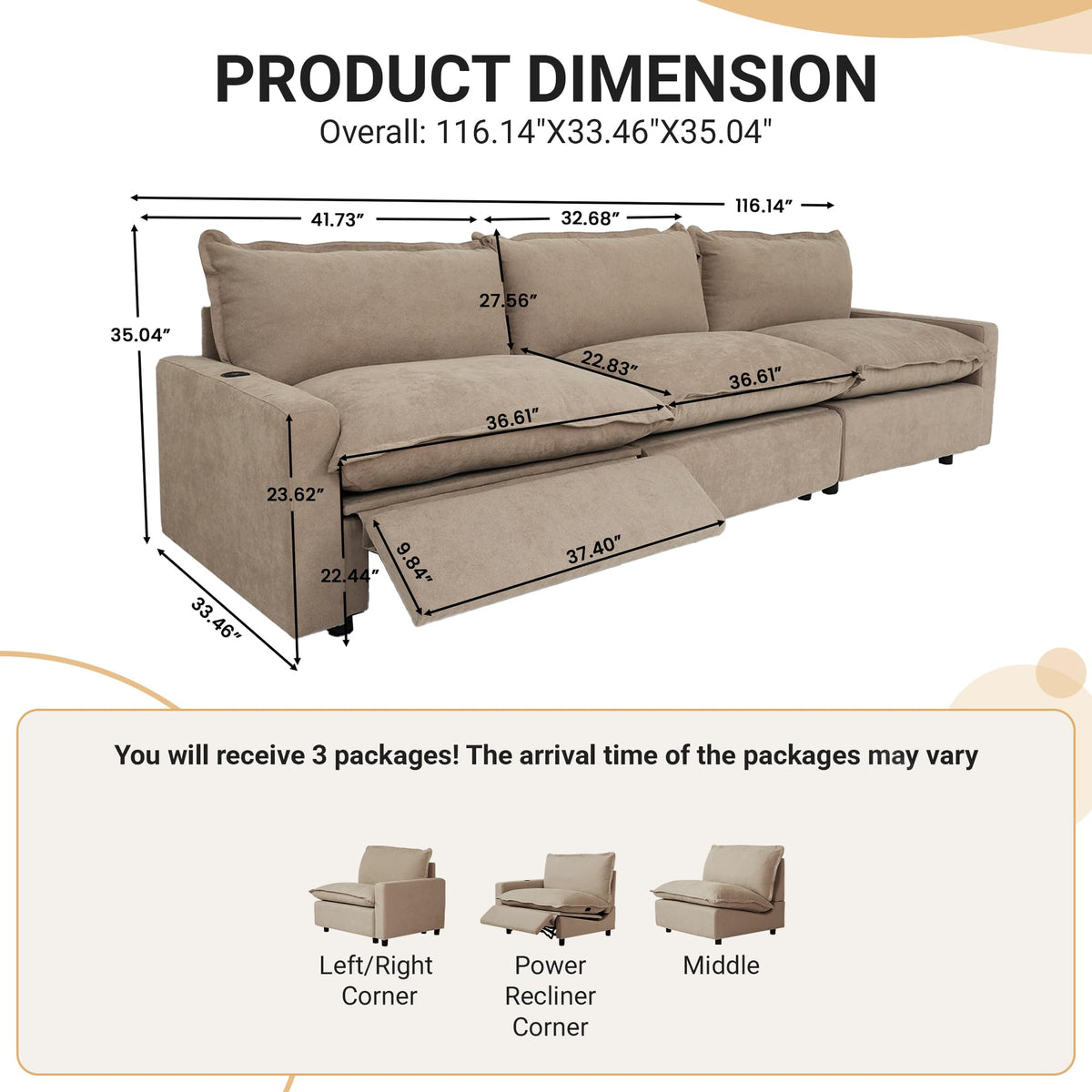 WJShome 116''Oversized Cloud Couch Modular Sectional Reclining Couches for Living Room, Reclining Couch with USB/Type C and Wireless Charging, 3 Seat with Power Recliner Sofa, Khaki