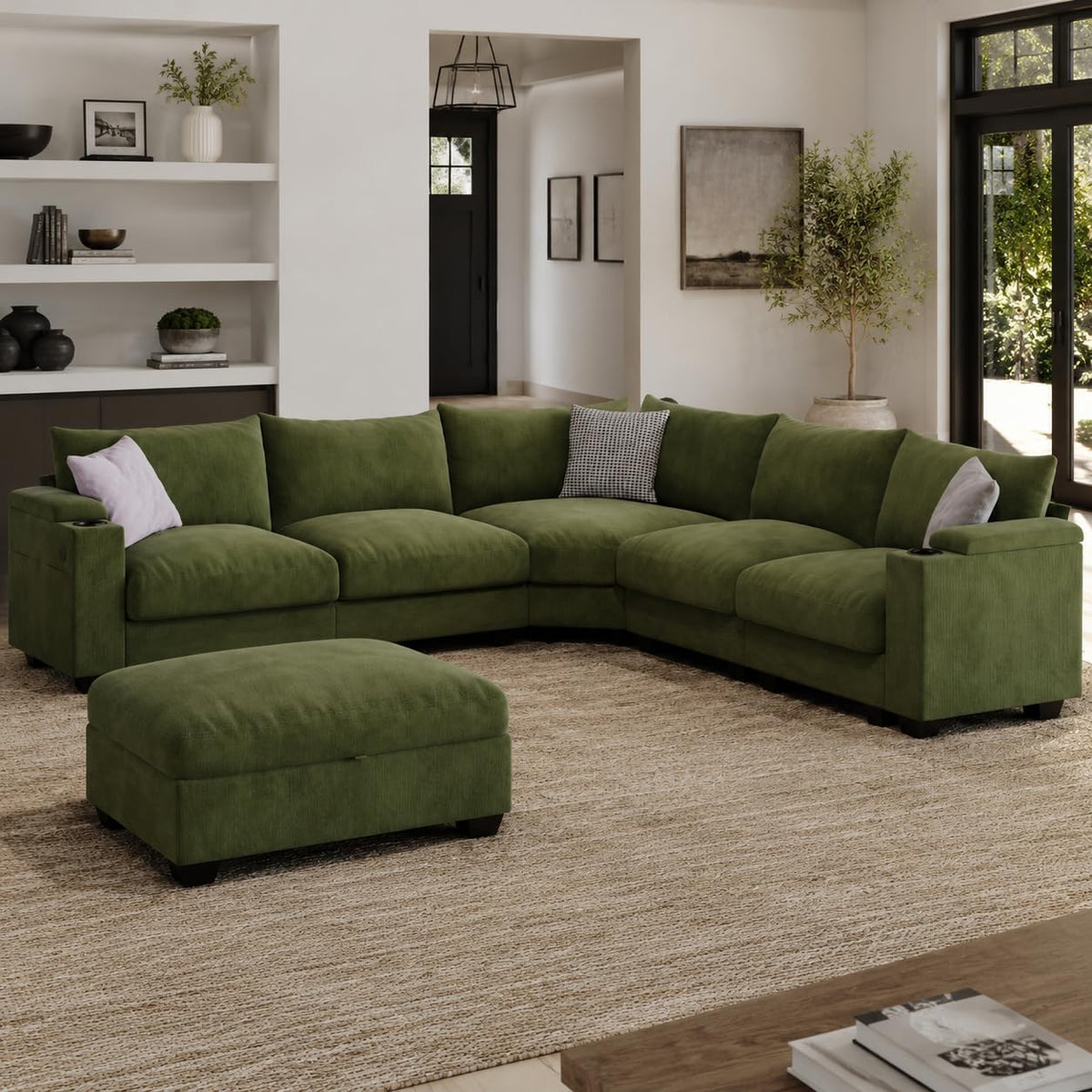107.1" L-Shaped Modular Sectional Sofa with Storage Ottomans, 6-Seat Deep Seat Sofa with Armrest Storage, Cup Holders & USB Type-C Charging, Sectional Couches for Living Room (Grey)