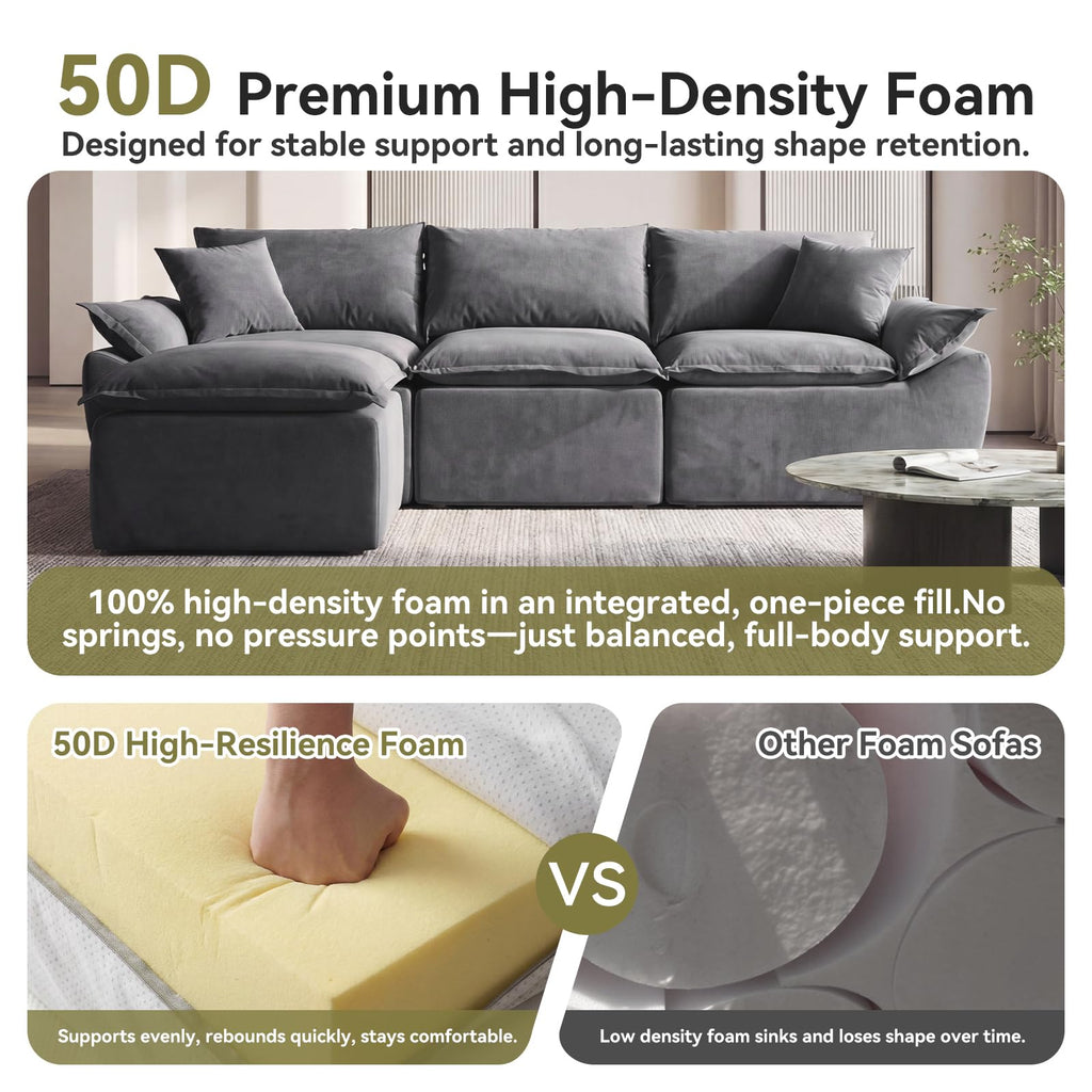 108" Modular Sectional Sofa, 3-Seater Cloud Couch with Moveable Ottoman, L-Shaped Boneless Sofa, Deep Seat Comfy Couches for Living Room Bedroom, No Assembly Required, Gray